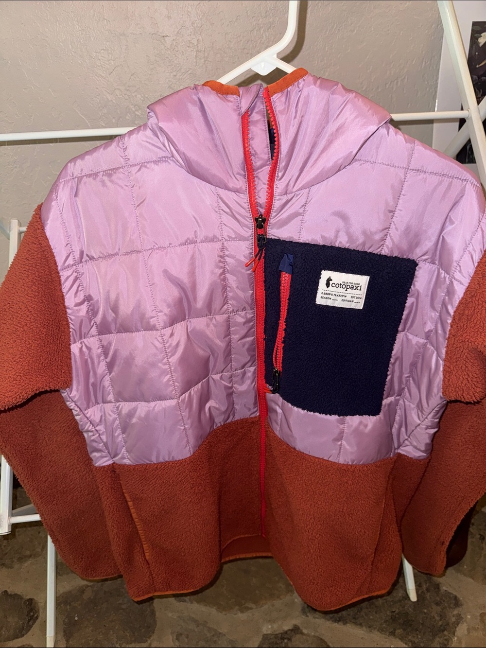 cotopaxi Women’s Colorblock Puffer-Fleece Jacket in Lavender, Rust & Navy